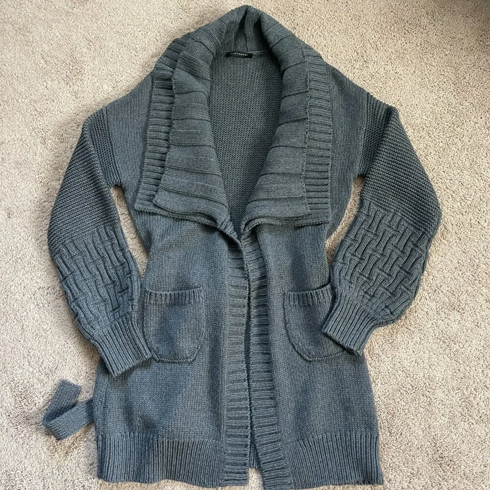 Elie Tahari Double Shawl Collar Midi Balloon Sleeve Cardigan Gray Thick Womens L - Picture 2 of 7